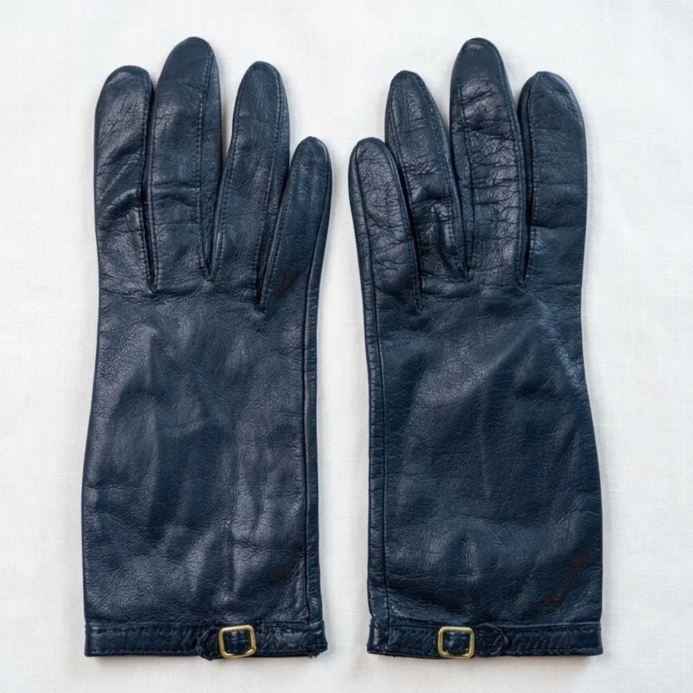 Lord & Taylor Vtg Navy Blue Leather Gloves Gold Buckle Antron Nylon Lined Sz 7.5